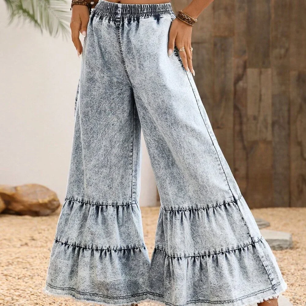 Light Wash Boho Women's Casual Elastic Waist Pocket Wide Leg Denim Pants
